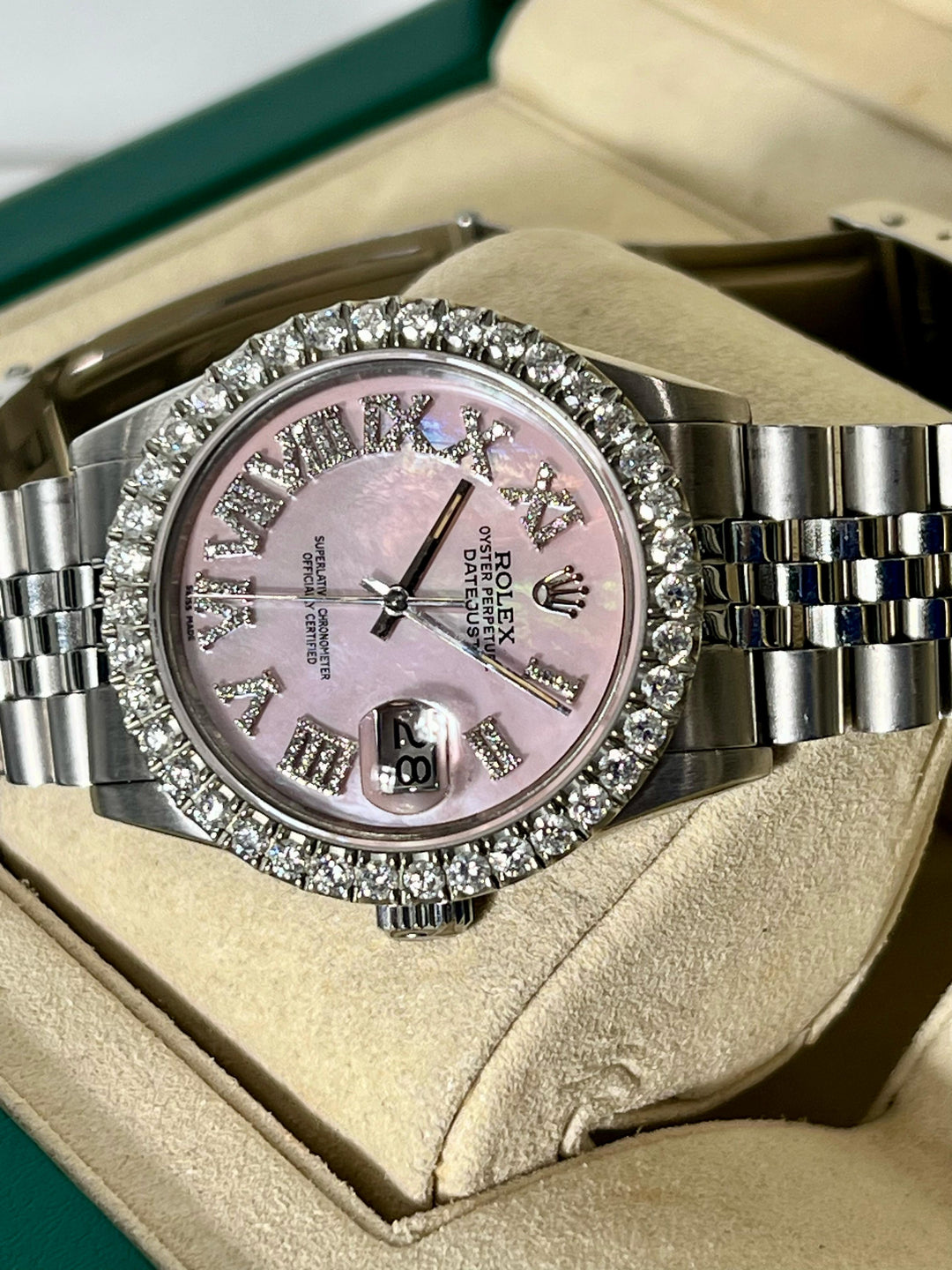 ROLEX DATEJUST STAINLESS STEEL 3.25CT AFTERMARKET DIAMOND BEZEL AND DIAL 36MM WATCH