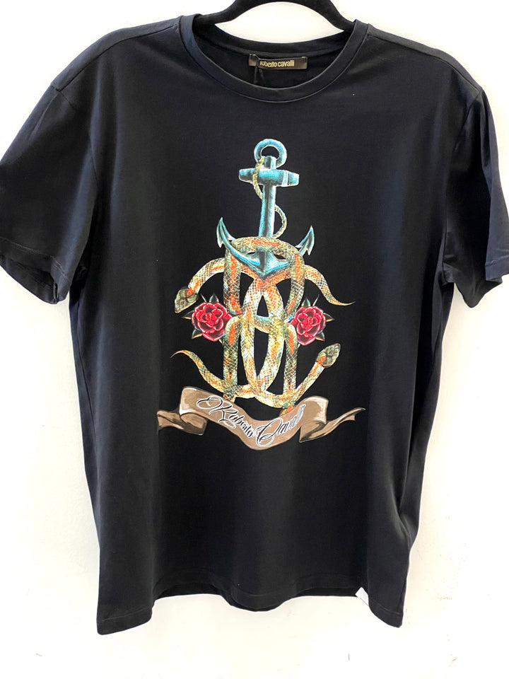 ROBERTO CAVALLI PIMA COTTON RC ANCHOR ROSE T-SHIRT