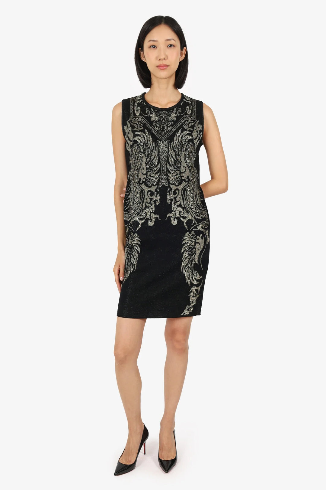 ROBERTO CAVALLI WOOL BLEND METALLIC KNIT SLEEVELESS BODYCON DRESS