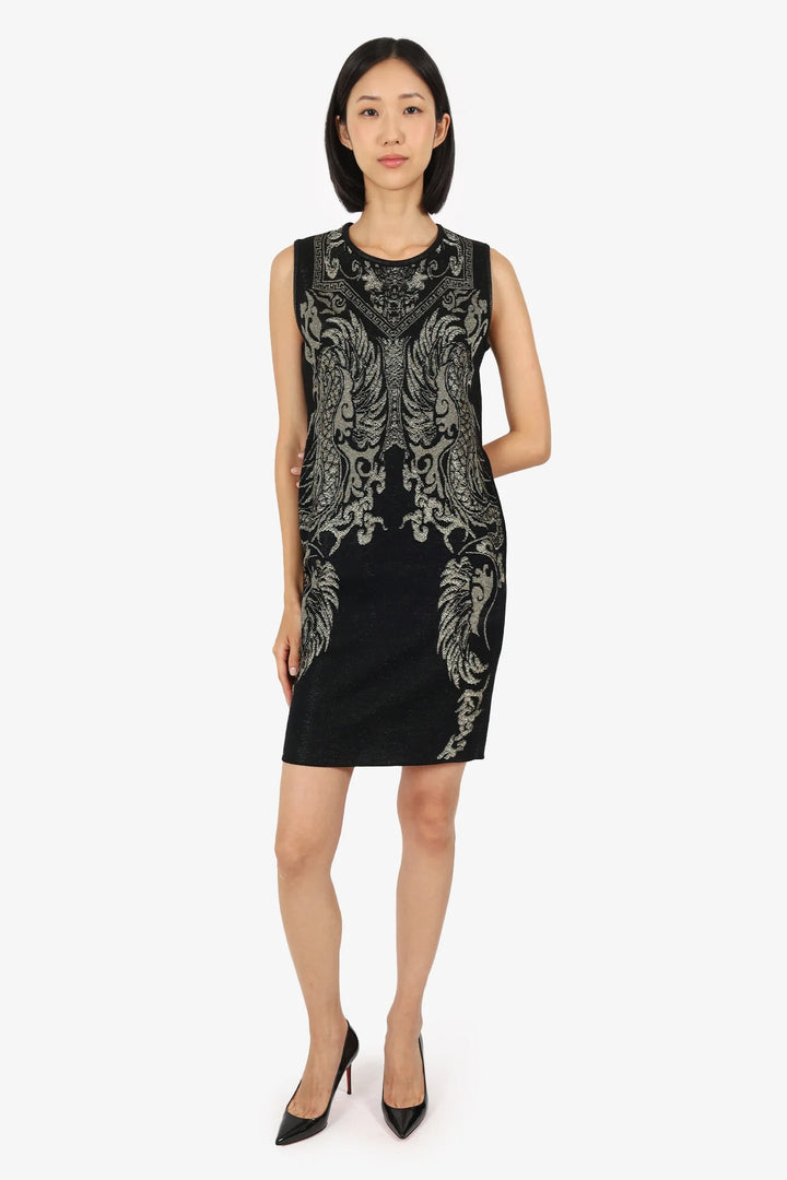 ROBERTO CAVALLI WOOL BLEND METALLIC KNIT SLEEVELESS BODYCON DRESS