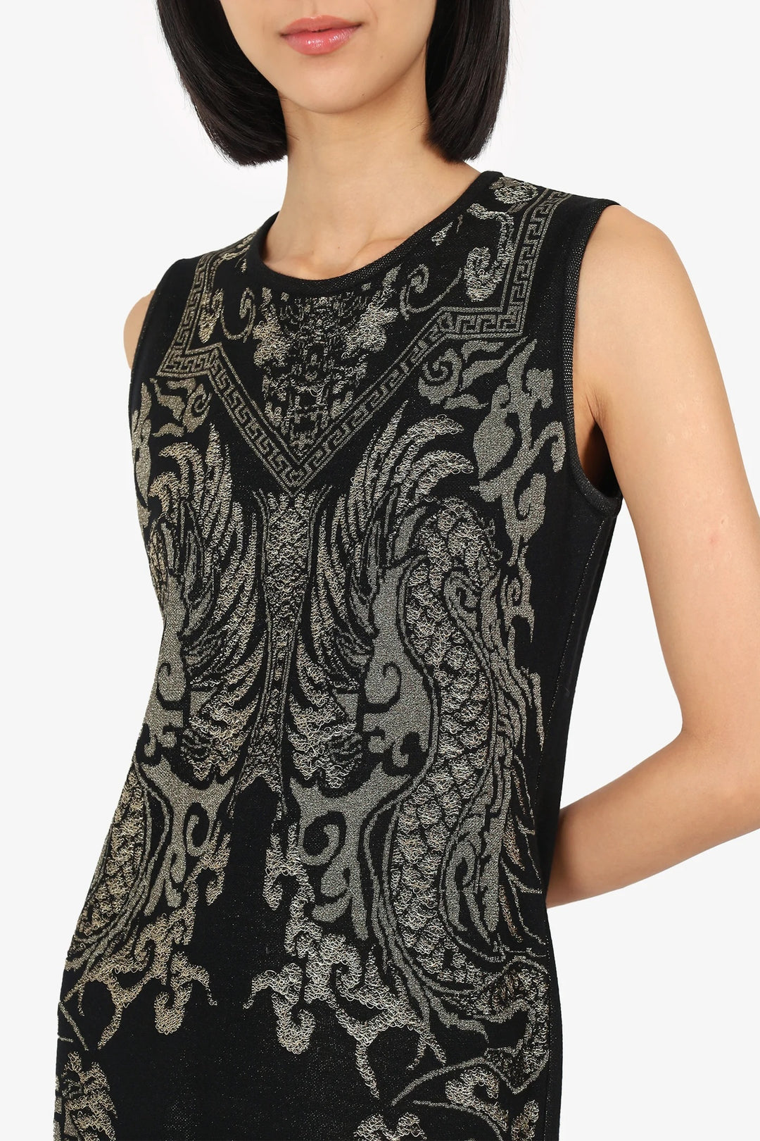 ROBERTO CAVALLI WOOL BLEND METALLIC KNIT SLEEVELESS BODYCON DRESS