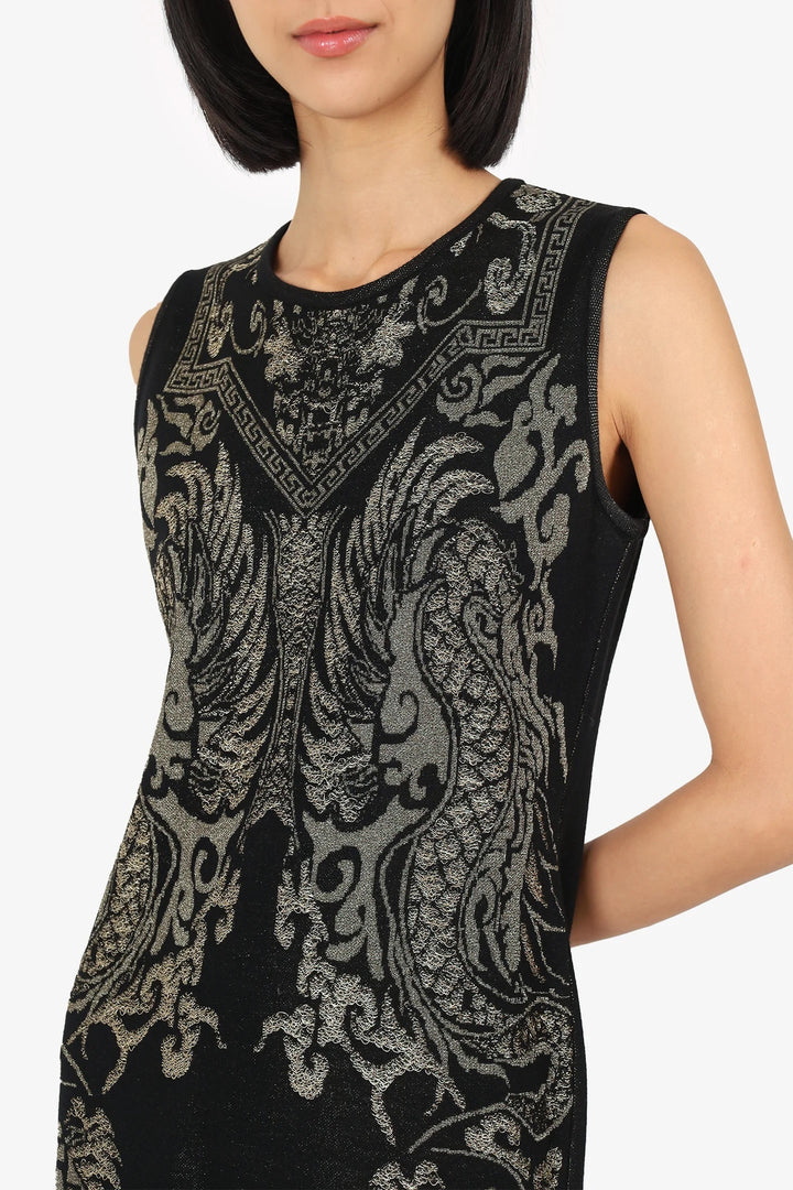 ROBERTO CAVALLI WOOL BLEND METALLIC KNIT SLEEVELESS BODYCON DRESS