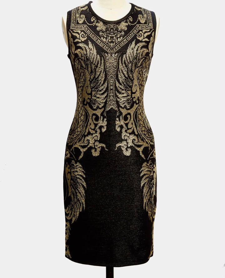 ROBERTO CAVALLI WOOL BLEND METALLIC KNIT SLEEVELESS BODYCON DRESS