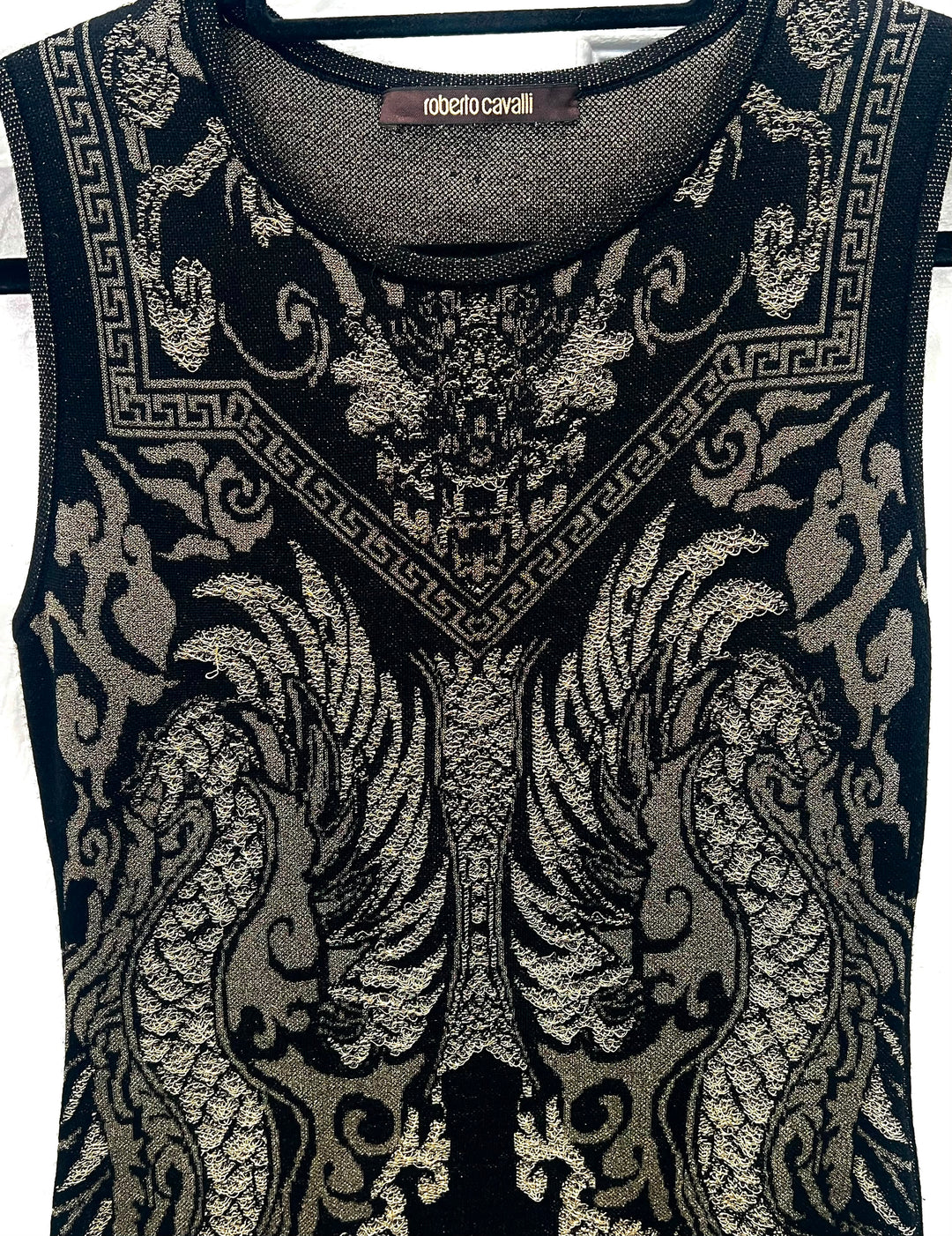 ROBERTO CAVALLI WOOL BLEND METALLIC KNIT SLEEVELESS BODYCON DRESS