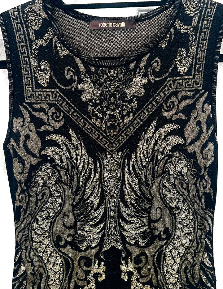 ROBERTO CAVALLI WOOL BLEND METALLIC KNIT SLEEVELESS BODYCON DRESS