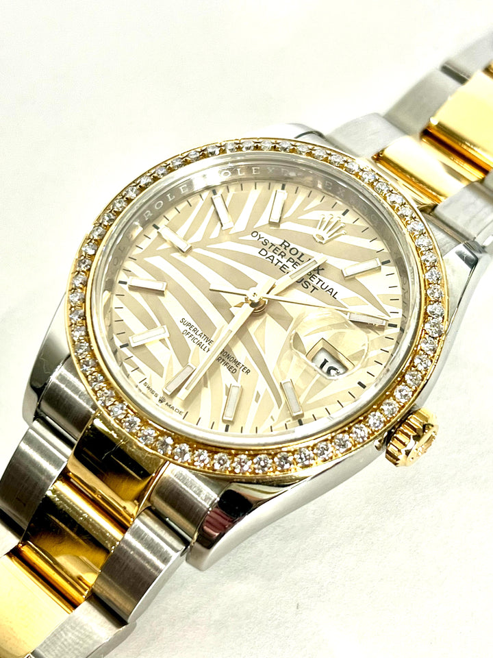 ROLEX DATEJUST 36MM GOLDEN PALM DIAL DIAMOND BEZEL TWO-TONE JUBILEE WATCH
