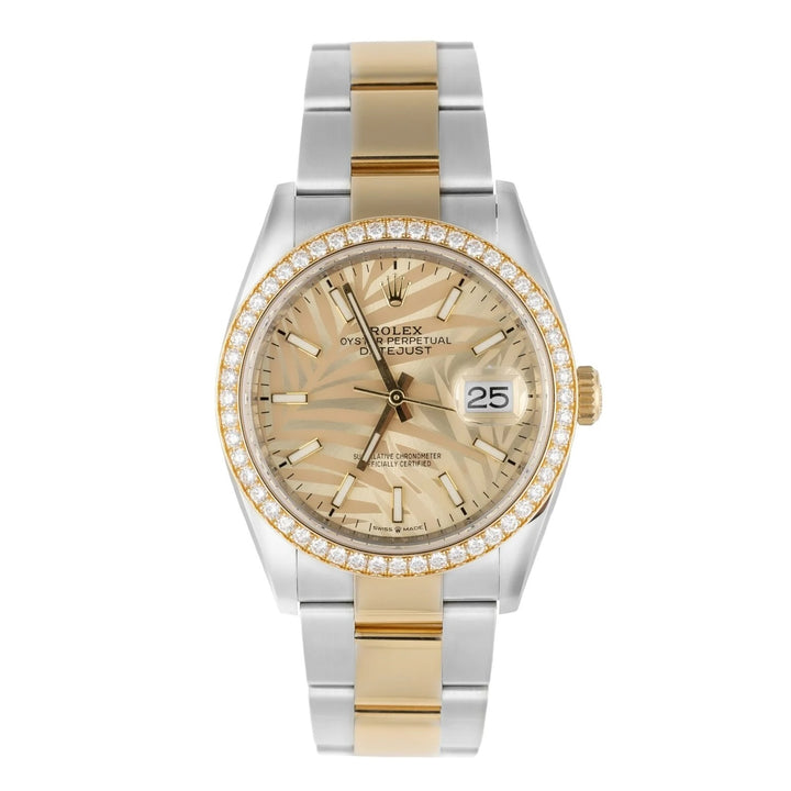 ROLEX DATEJUST 36MM GOLDEN PALM DIAL DIAMOND BEZEL TWO-TONE JUBILEE WATCH