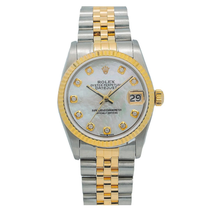 ROLEX DATEJUST 18K YELLOW GOLD TWO-TONE MOP DIAL JUBILEE BAND WATCH