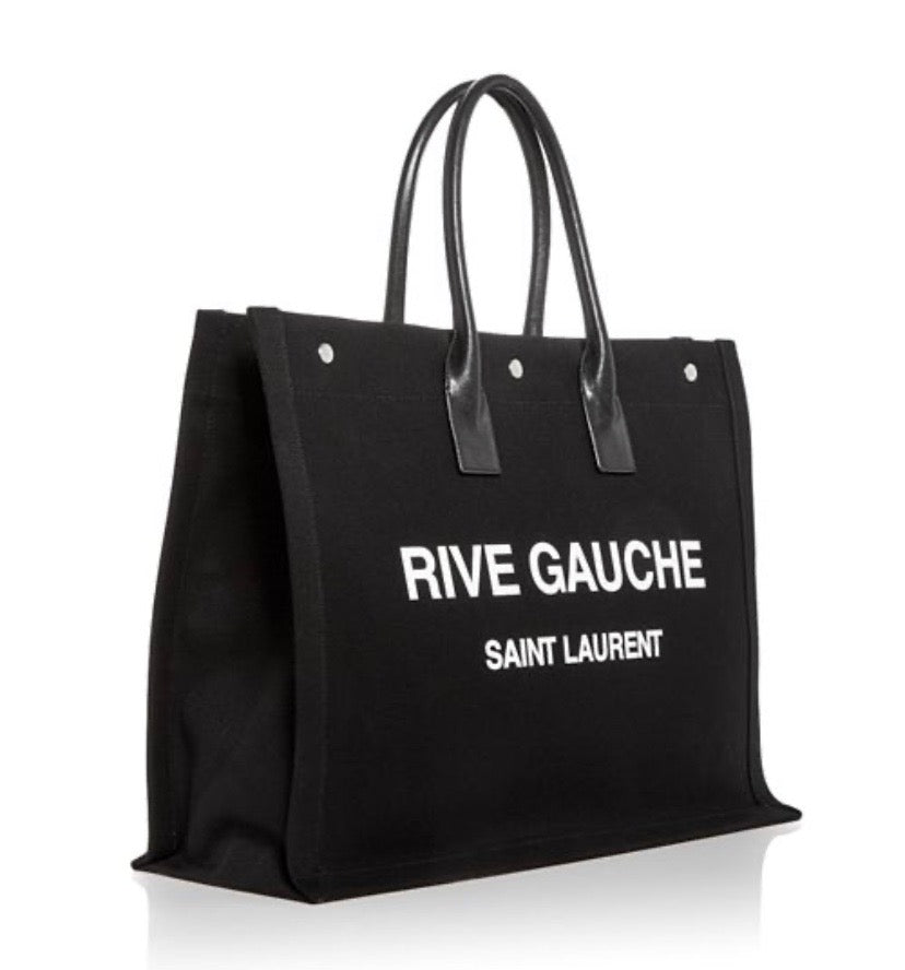 SAINT LAURENT RIVE GAUCHE LARGE CANVAS &amp; CALFSKIN TOTE BAG