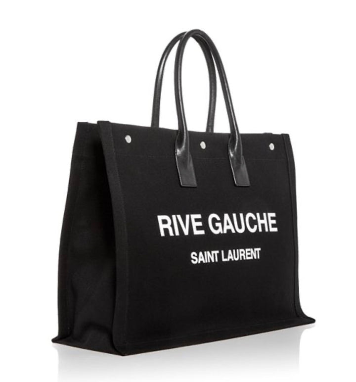 SAINT LAURENT RIVE GAUCHE LARGE CANVAS &amp; CALFSKIN TOTE BAG