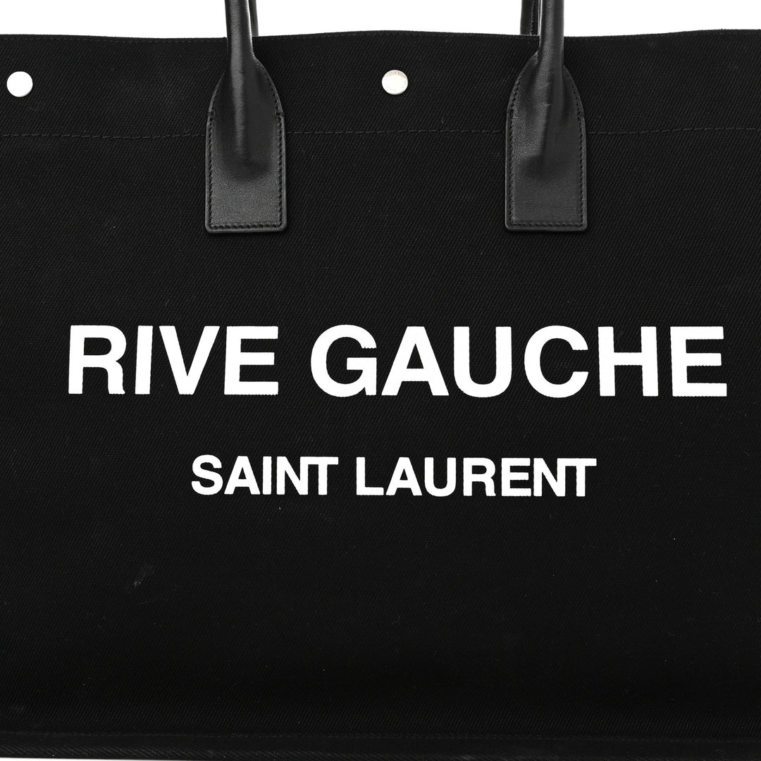 SAINT LAURENT RIVE GAUCHE LARGE CANVAS &amp; CALFSKIN TOTE BAG