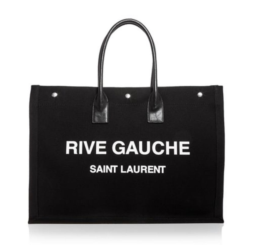 SAINT LAURENT RIVE GAUCHE LARGE CANVAS &amp; CALFSKIN TOTE BAG
