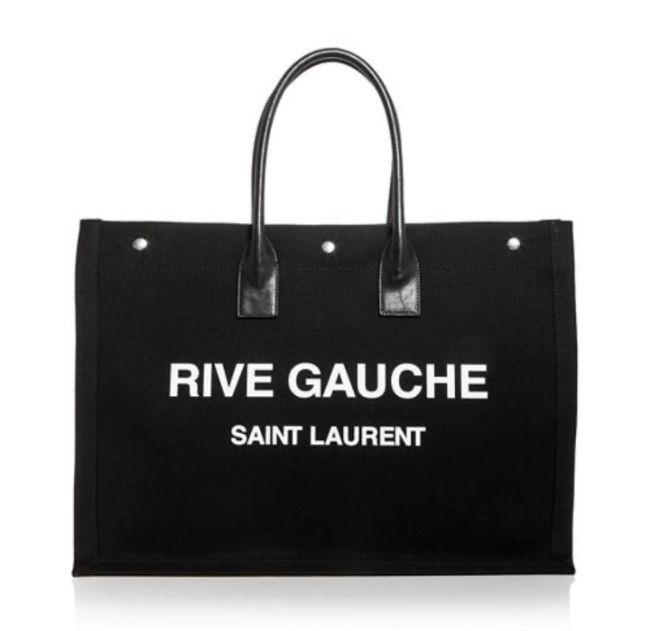 SAINT LAURENT RIVE GAUCHE LARGE CANVAS &amp; CALFSKIN TOTE BAG