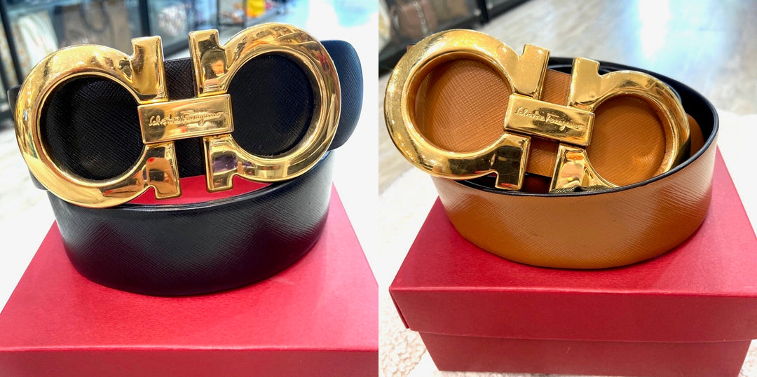 SALVATORE FERRAGAMO GANCINI BUCKLE REVERSIBLE TEXTURED CALFSKIN BELT