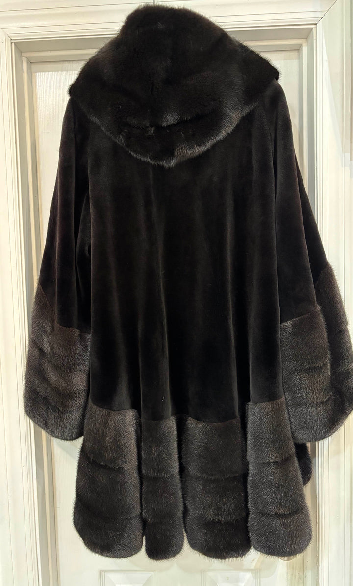 SHEARED MINK SWING COAT WITH TRIM AND HOOD
