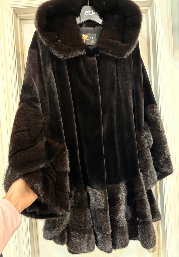 SHEARED MINK SWING COAT WITH TRIM AND HOOD