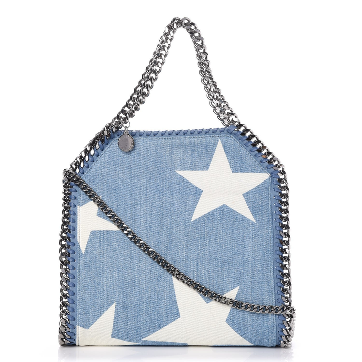 STELLA MCCARTNERY DENIM MINI STAR PRINT FALABELLA TOTE BAG