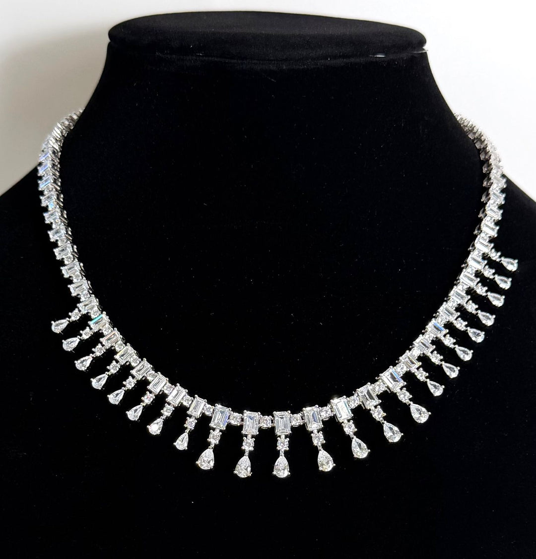 STERLING SILVER FRINGE BAGUETTE &amp; PEAR-SHAPED SWAROVSKI® CRYSTAL NECKLACE