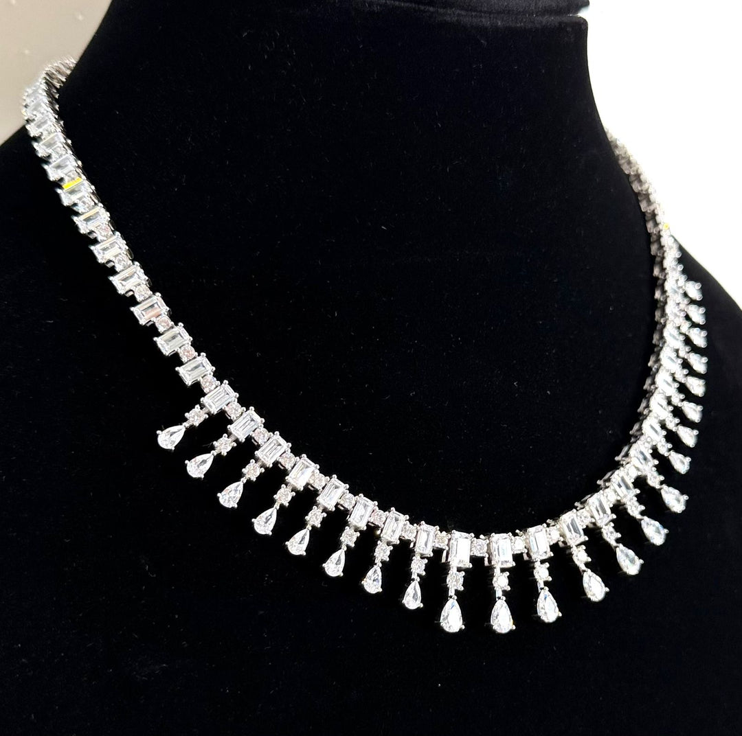 STERLING SILVER FRINGE BAGUETTE &amp; PEAR-SHAPED SWAROVSKI® CRYSTAL NECKLACE