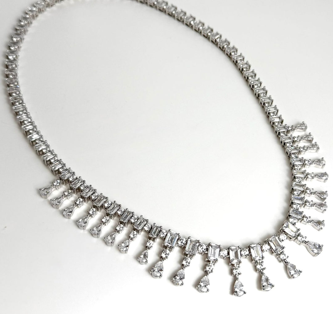 STERLING SILVER FRINGE BAGUETTE &amp; PEAR-SHAPED SWAROVSKI® CRYSTAL NECKLACE