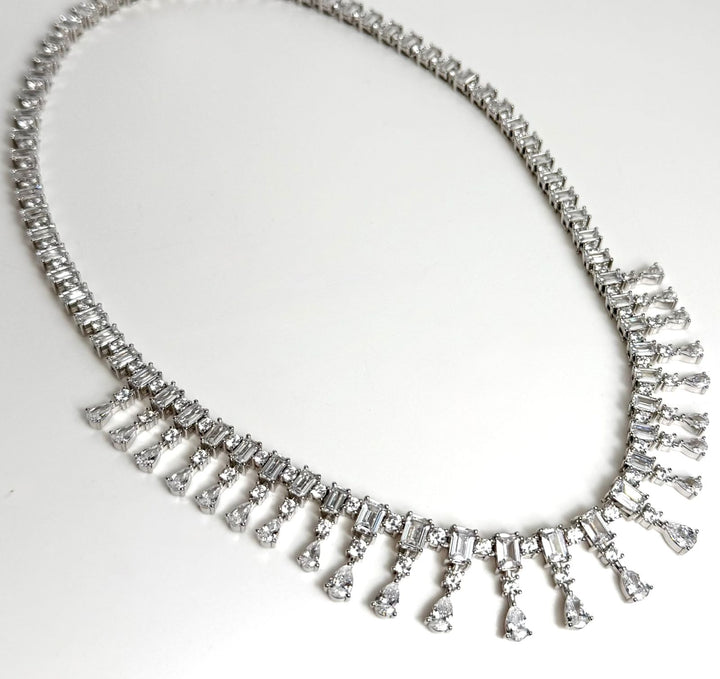 STERLING SILVER FRINGE BAGUETTE &amp; PEAR-SHAPED SWAROVSKI® CRYSTAL NECKLACE