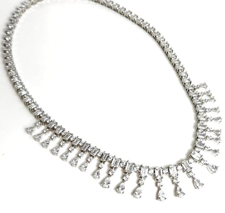 STERLING SILVER FRINGE BAGUETTE &amp; PEAR-SHAPED SWAROVSKI® CRYSTAL NECKLACE