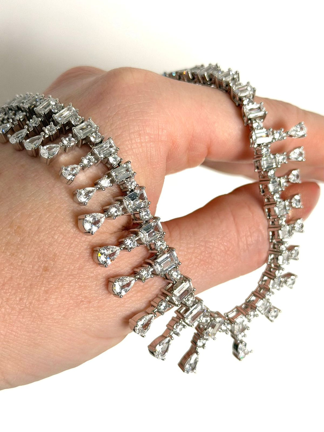 STERLING SILVER FRINGE BAGUETTE &amp; PEAR-SHAPED SWAROVSKI® CRYSTAL NECKLACE