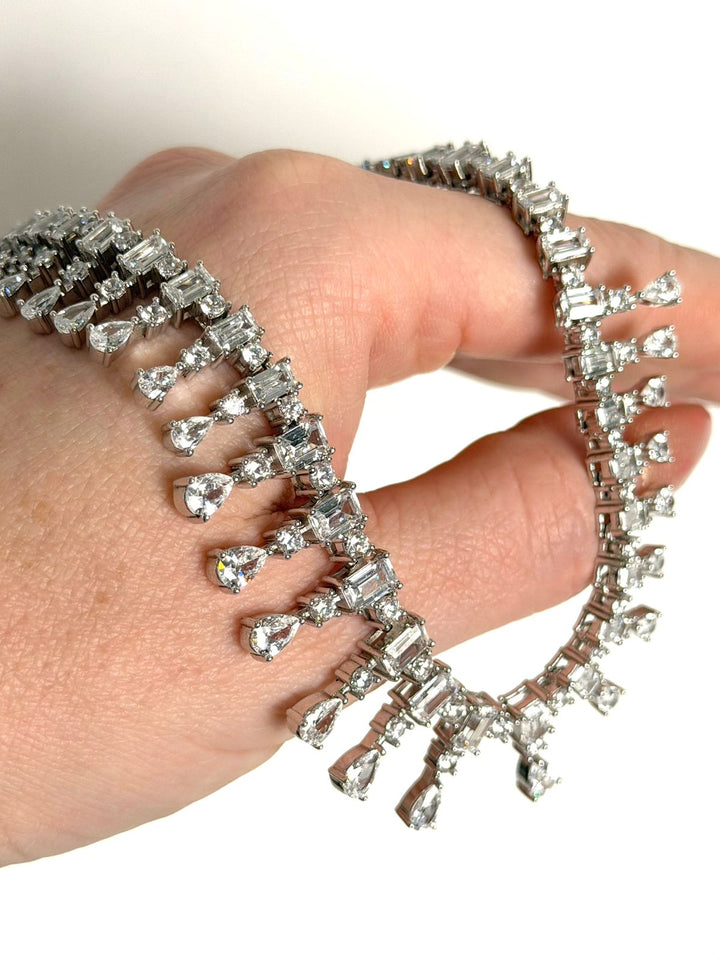 STERLING SILVER FRINGE BAGUETTE &amp; PEAR-SHAPED SWAROVSKI® CRYSTAL NECKLACE