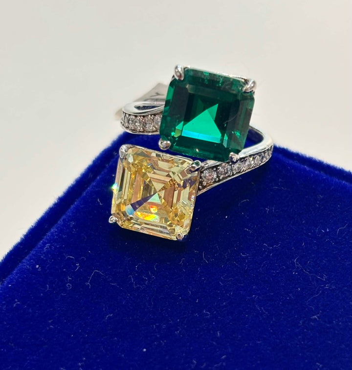 TOI ET MOI STERLING SILVER EMERALD &amp; YELLOW SWAROVSKI® CRYSTAL RING