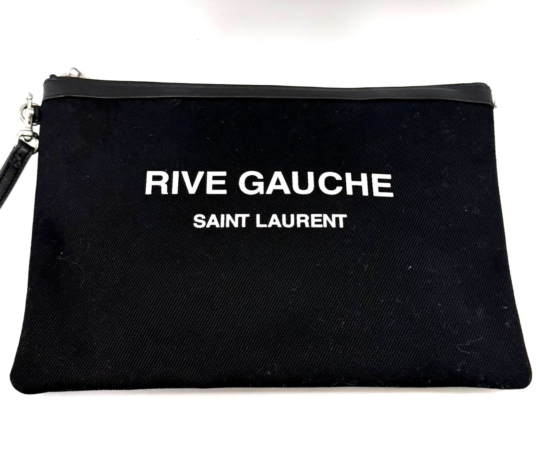 SAINT LAURENT CANVAS LEATHER-TRIMMED RIVE GAUCHE CLUTCH BAG