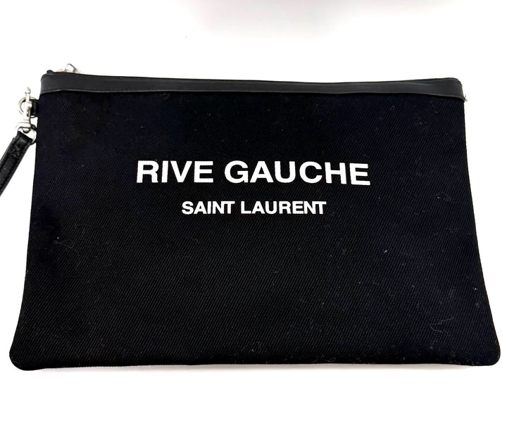 SAINT LAURENT CANVAS LEATHER-TRIMMED RIVE GAUCHE CLUTCH BAG