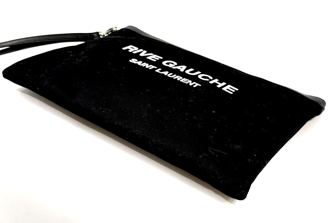 SAINT LAURENT CANVAS LEATHER-TRIMMED RIVE GAUCHE CLUTCH BAG