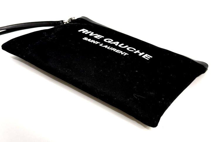 SAINT LAURENT CANVAS LEATHER-TRIMMED RIVE GAUCHE CLUTCH BAG