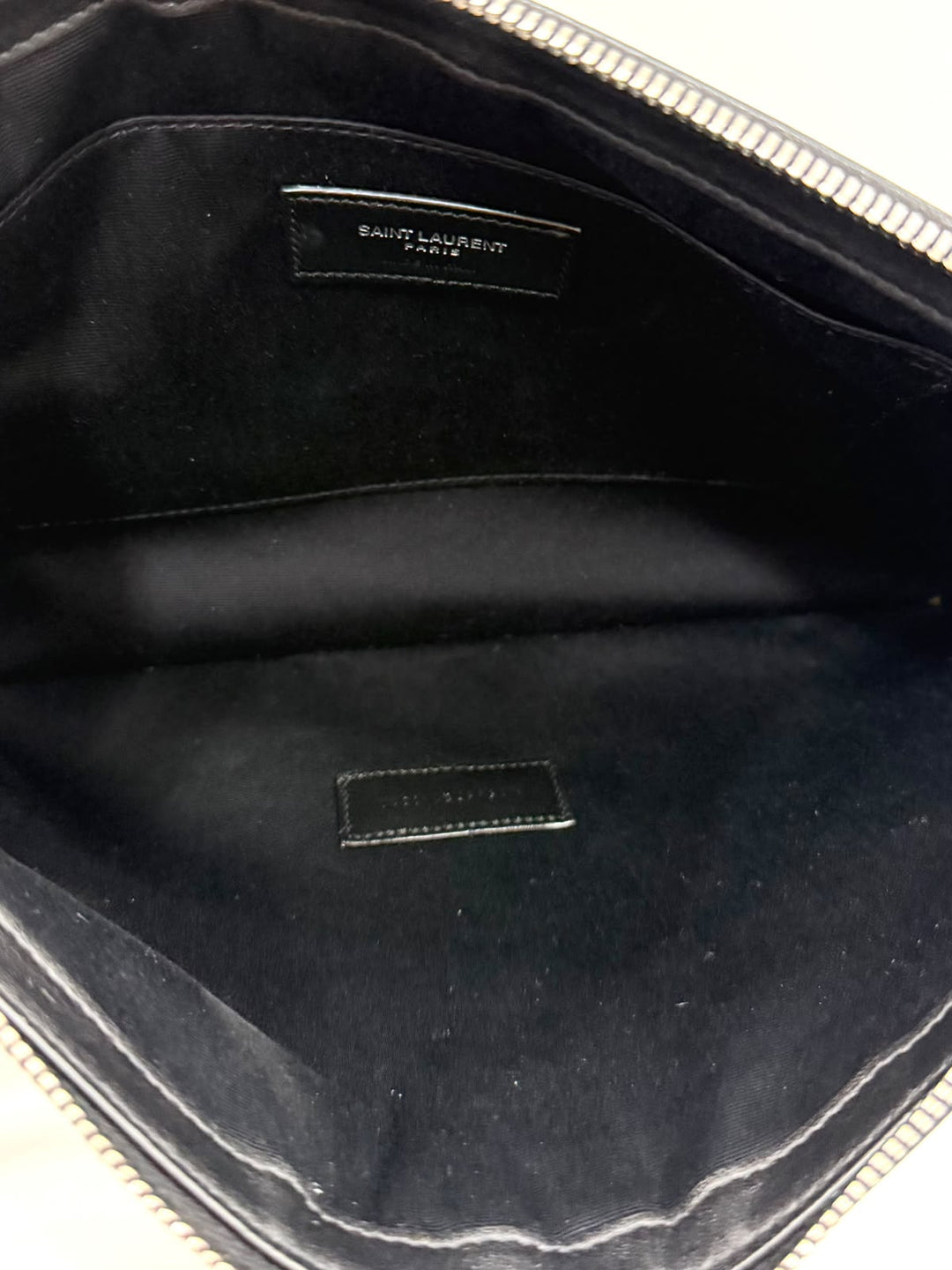 SAINT LAURENT CANVAS LEATHER-TRIMMED RIVE GAUCHE CLUTCH BAG
