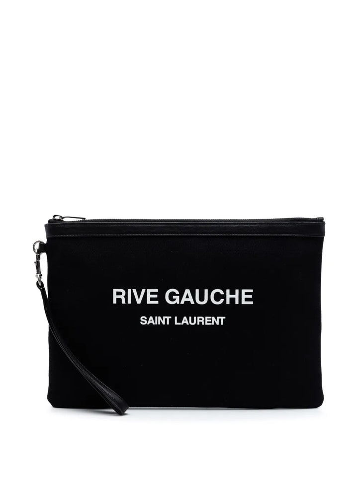 SAINT LAURENT CANVAS LEATHER-TRIMMED RIVE GAUCHE CLUTCH BAG