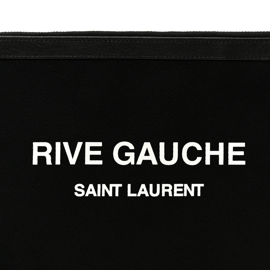 SAINT LAURENT CANVAS LEATHER-TRIMMED RIVE GAUCHE CLUTCH BAG