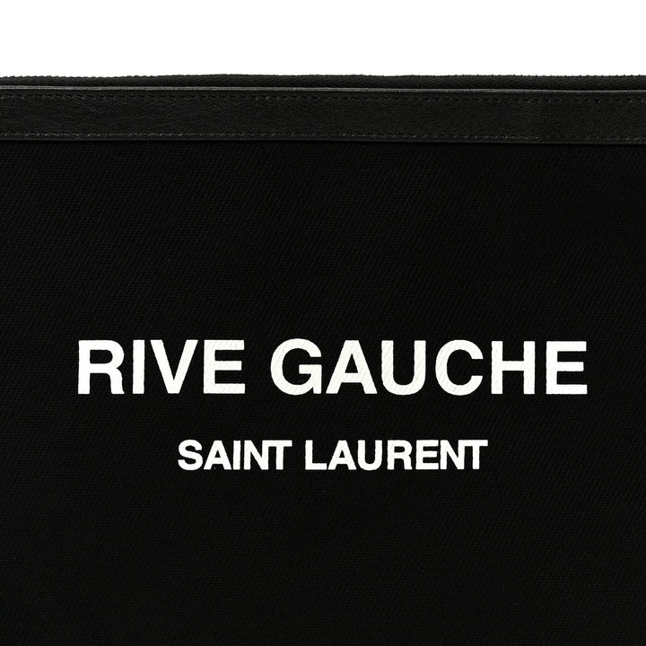 SAINT LAURENT CANVAS LEATHER-TRIMMED RIVE GAUCHE CLUTCH BAG