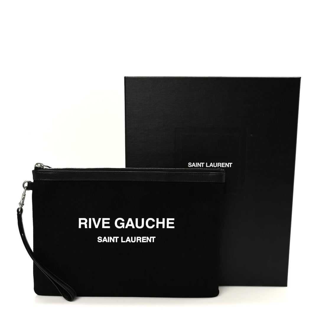 SAINT LAURENT CANVAS LEATHER-TRIMMED RIVE GAUCHE CLUTCH BAG