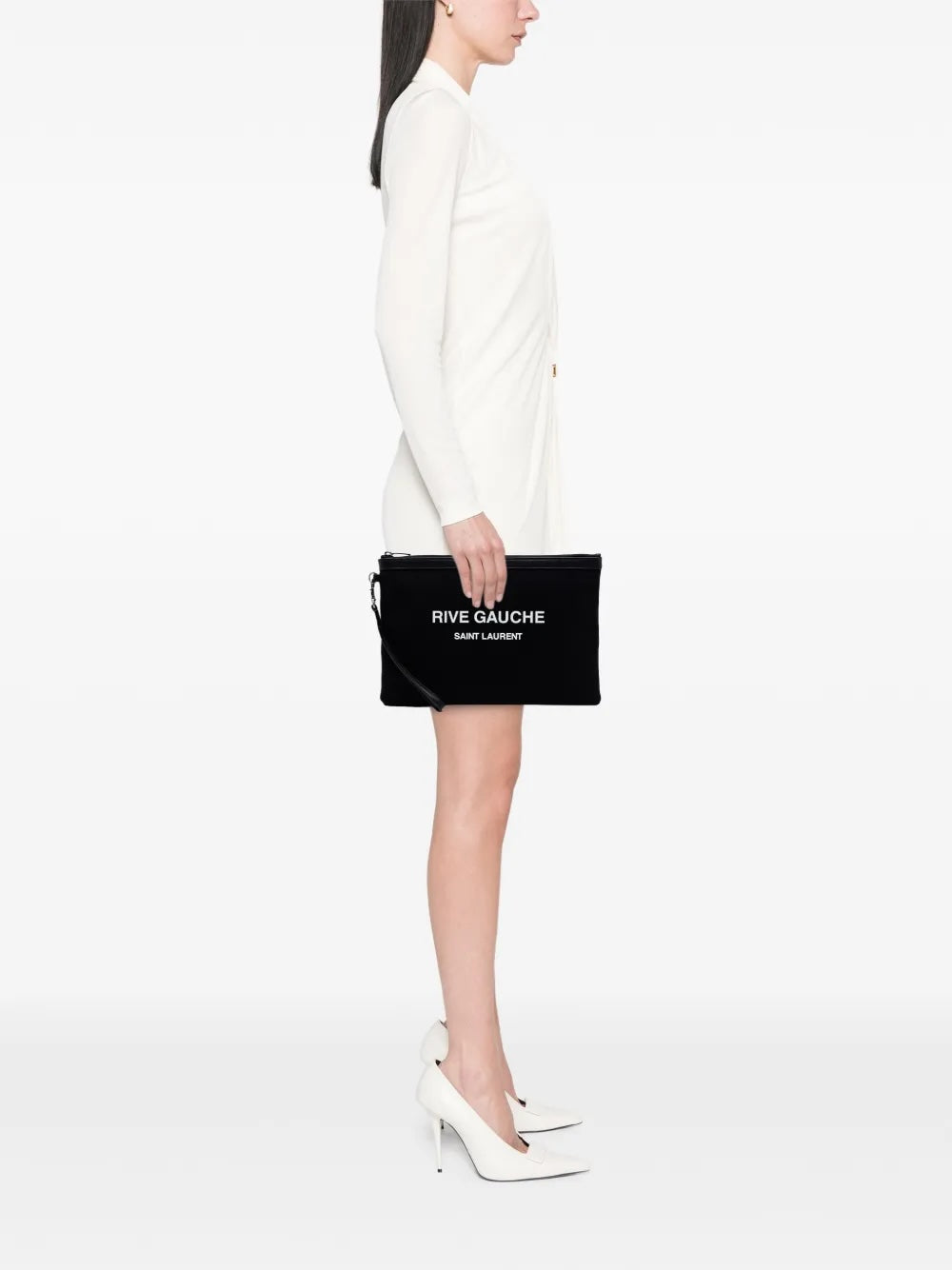 SAINT LAURENT CANVAS LEATHER-TRIMMED RIVE GAUCHE CLUTCH BAG