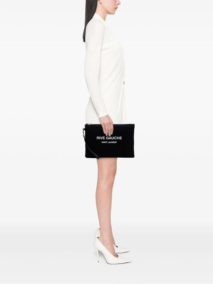 SAINT LAURENT CANVAS LEATHER-TRIMMED RIVE GAUCHE CLUTCH BAG