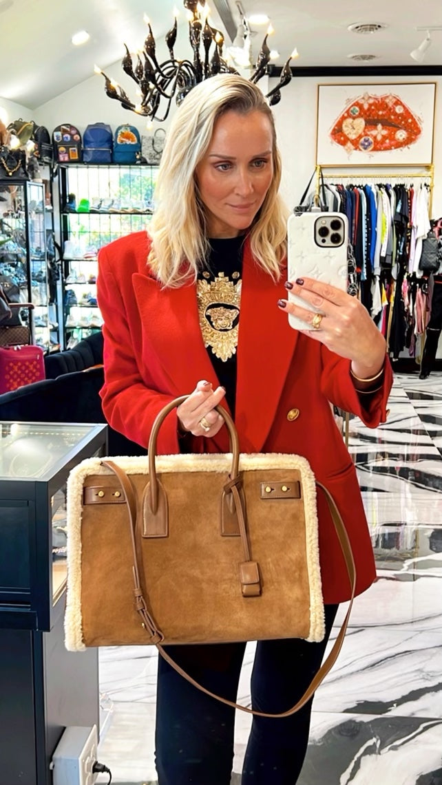 SAINT LAURENT SAC DE JOUR SHEARLING TRIM LEATHER TOTE BAG