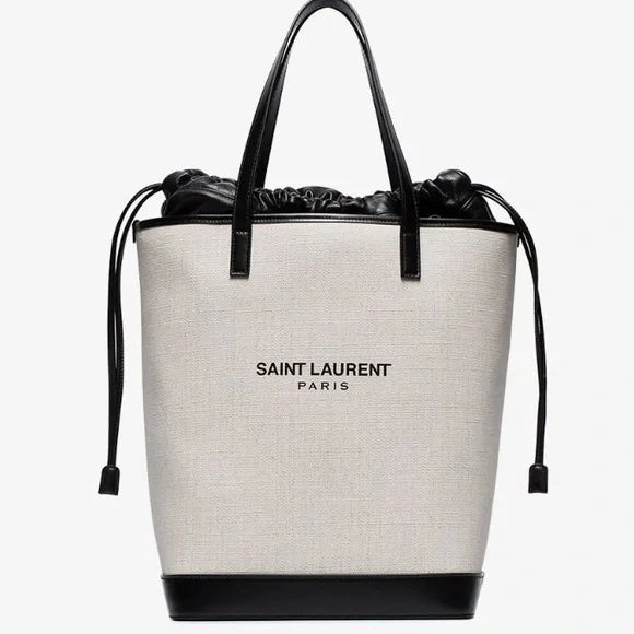 YVES SAINT LAURENT TEDDY CANVAS &amp; CALFSKIN LEATHER TOTE BAG
