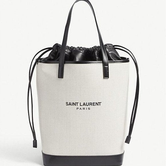 YVES SAINT LAURENT TEDDY CANVAS &amp; CALFSKIN LEATHER TOTE BAG
