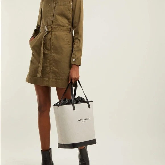 YVES SAINT LAURENT TEDDY CANVAS &amp; CALFSKIN LEATHER TOTE BAG