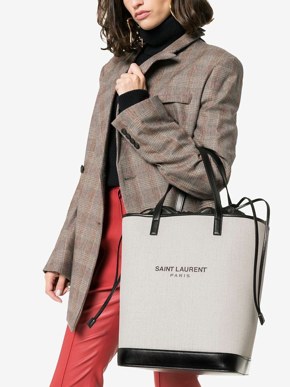 YVES SAINT LAURENT TEDDY CANVAS &amp; CALFSKIN LEATHER TOTE BAG