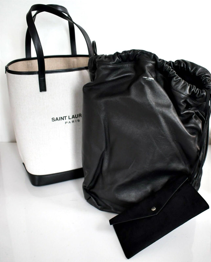 YVES SAINT LAURENT TEDDY CANVAS &amp; CALFSKIN LEATHER TOTE BAG