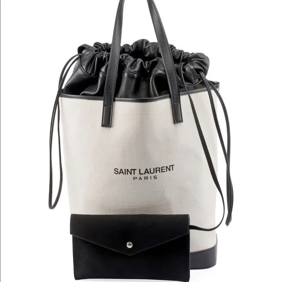 YVES SAINT LAURENT TEDDY CANVAS &amp; CALFSKIN LEATHER TOTE BAG