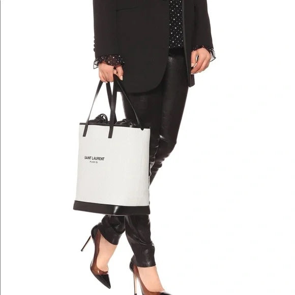 YVES SAINT LAURENT TEDDY CANVAS &amp; CALFSKIN LEATHER TOTE BAG
