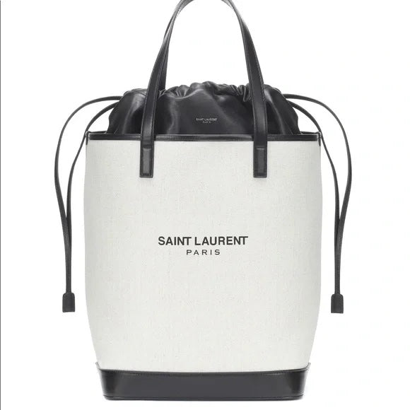 YVES SAINT LAURENT TEDDY CANVAS &amp; CALFSKIN LEATHER TOTE BAG
