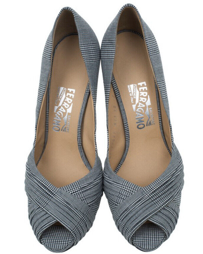 SALVATORE FERRAGAMO CHECK FABRIC PEEP TOE PUMPS